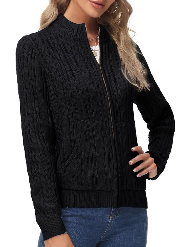 Women's Zip Up Cable Knit Sweater Long Sleeve Open Front